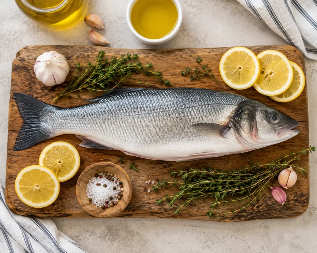 Cooking Time & Temperature for Branzino (Quick Reference Guide) Raw Sea Bass on a Rustic Board
