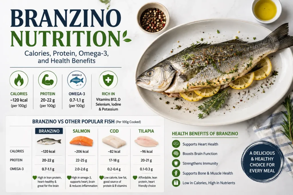 Branzino Nutrition & Comparisons: Calories, Protein, Omega-3, and Health Benefits Branzino Nutrition & Comparisons Calories, Protein, Omega-3, and Health Benefits